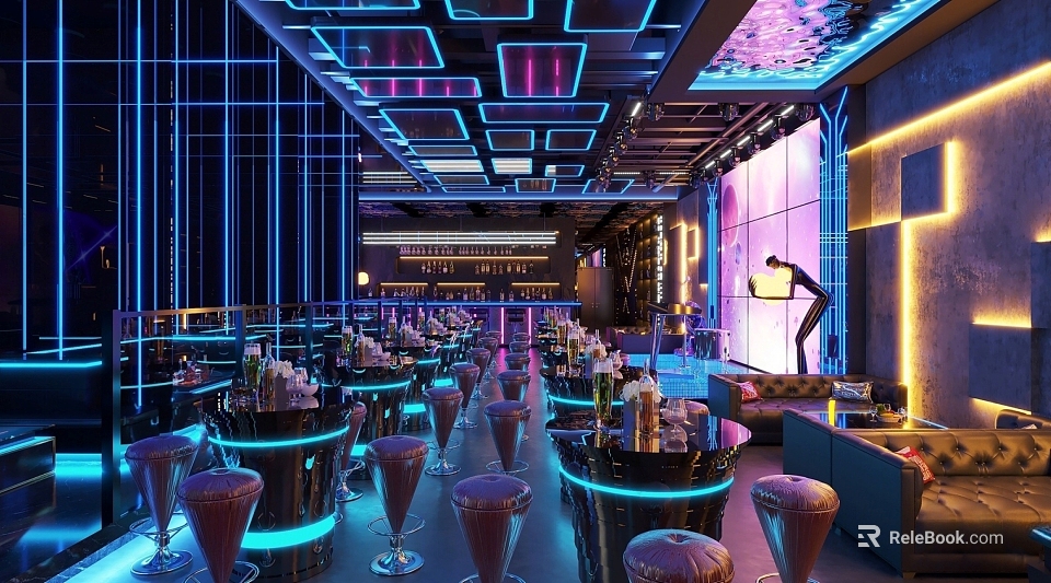 Modern Bar Interior Design With Neon Lights Bar Counter High Stools And Ambient Lighting 3d model 