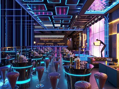 Modern Bar Interior Design With Neon Lights Bar Counter High Stools And Ambient Lighting 3d model