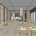 Modern Open Layout Restaurant Interior With Wooden Tables Chairs Partitions And Lighting
