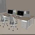 Modern Office Desk With Wooden Desktop Dual Monitors Ergonomic Chairs And Drawer Cabinet