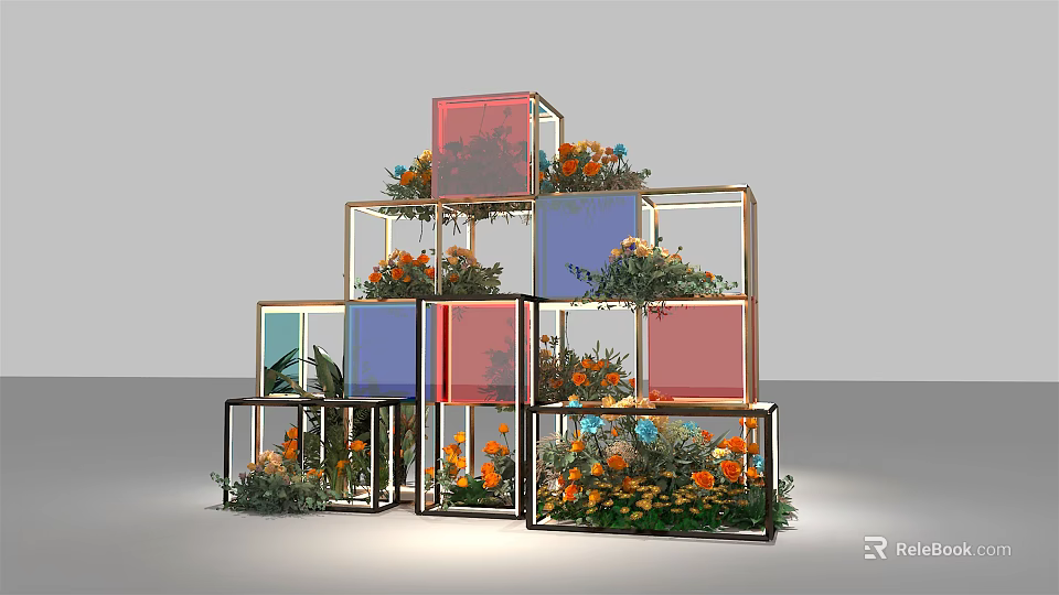 Decorative Glass Cube Structure Featuring Colorful Panels And Flower Plants 3d model