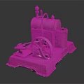 Antique Mechanical Steam Device Featuring Iron Boiler Red Wheel And Brick Base Structure