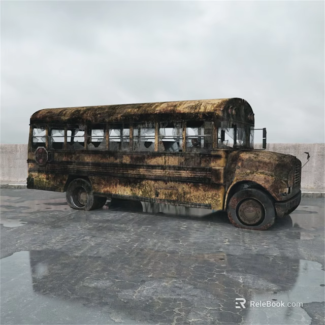 Rusty Old School Bus Parked On Wet Ground Under Gray Sky And Wall 3d model 