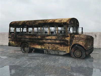 Rusty Old School Bus Parked On Wet Ground Under Gray Sky And Wall 3d model
