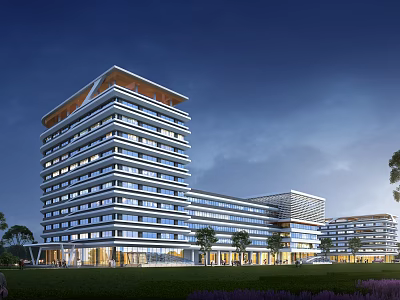 Modern Multi Storey Building Entrance Gate With Large Glass Windows And Landscaped Lawn Trees 3d model