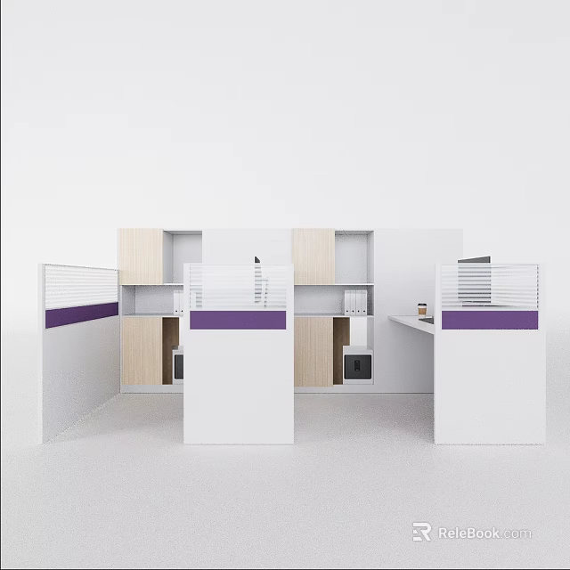 Modern Partitioned Office Desk With White Wooden Panels Purple Accents And Cabinets 3d model 
