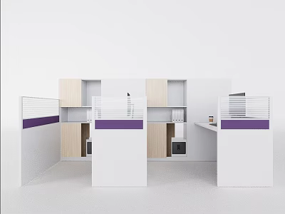 Modern Partitioned Office Desk With White Wooden Panels Purple Accents And Cabinets 3d model