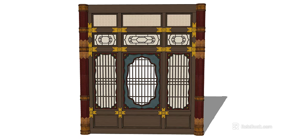 Traditional Chinese Wooden Partition With Lattice Grille Golden Accents And Blue Central Panel 3d model 