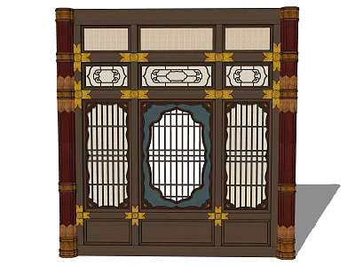 Traditional Chinese Wooden Partition With Lattice Grille Golden Accents And Blue Central Panel 3d model