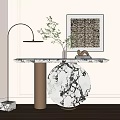 Modern Console Table With Marble Top Brass Base And Decorative Plant Artwork 3d model