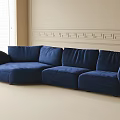 Blue Sectional Sofa With Beige Wall Decorative Trim And White Window Blinds 3d model