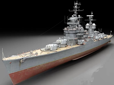 Large Warship With Superstructure Turret Mast Gray Hull And Red Bottom 3d model
