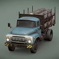 Old Blue Truck Loaded With Stacked Wood Logs For Building Materials
