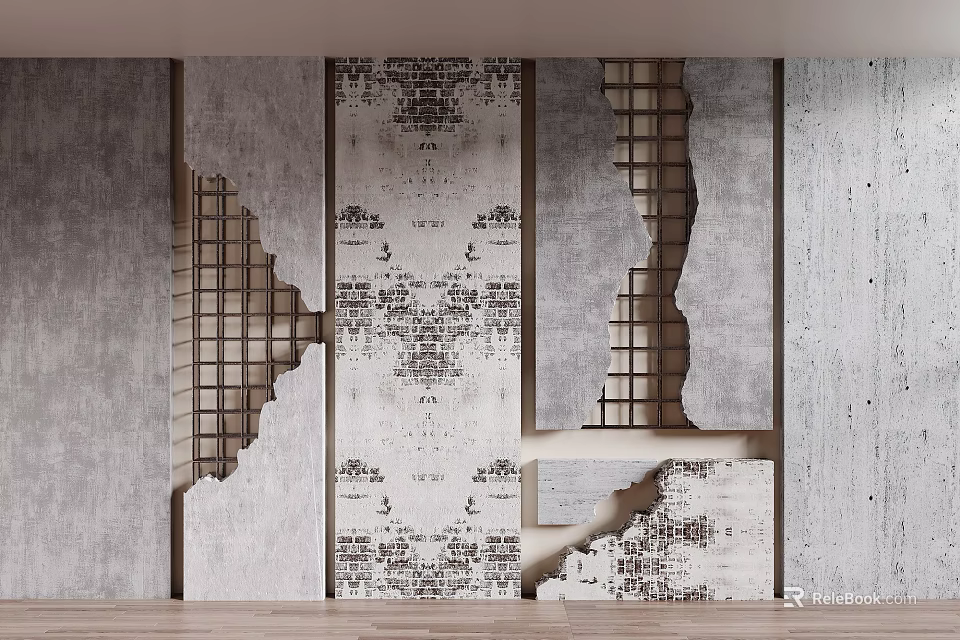 Gray Architectural Wall Structure With Damaged Sections Grid Mesh And Patterned Decorations 3d model 