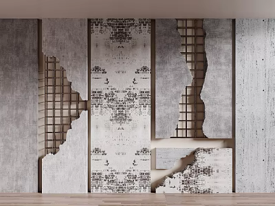 Gray Architectural Wall Structure With Damaged Sections Grid Mesh And Patterned Decorations 3d model