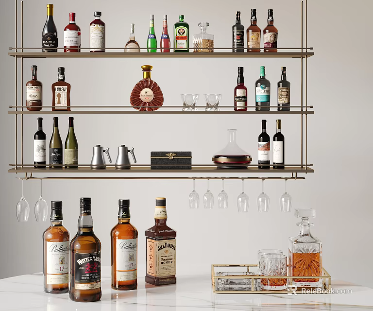 Modern Liquor Rack with Multiple Shelves Various Bottles Hanging Glasses and Decorative Accessories 3d model 