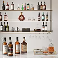Modern Liquor Rack with Multiple Shelves Various Bottles Hanging Glasses and Decorative Accessories