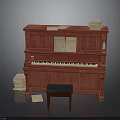 Red Wooden Piano Interior Setup With Black Stool Sheet Music And Book Stacks