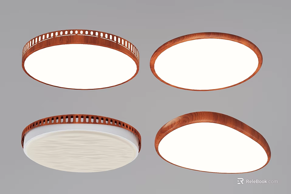Round Flush Mount Ceiling Lights With Brown Frame And White Smooth Textured Shades 3d model