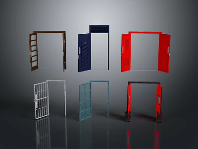 Various Colored Furniture Doors With Glass Panes Metal Bars And Solid Panels 3d model