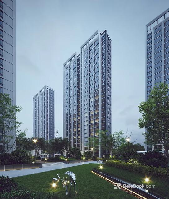 Modern High Rise Residential Buildings With Lush Greenery And Street Lights In Community 3d model 