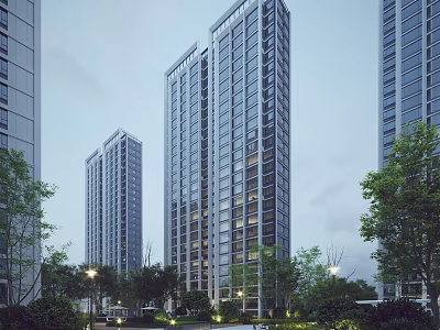 Modern High Rise Residential Buildings With Lush Greenery And Street Lights In Community 3d model