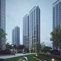 Modern High Rise Residential Buildings With Lush Greenery And Street Lights In Community