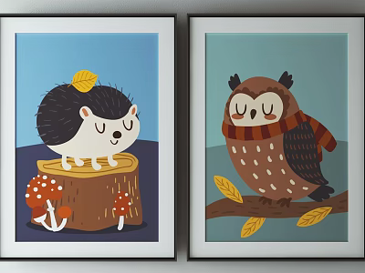 Cute Hedgehog And Owl Wall Art With Tree Stump Mushrooms Branch And Autumn Leaves 3d model