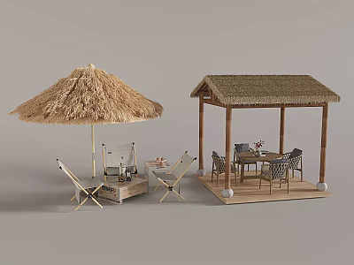 Relaxing Outdoor Patio Setup With Thatched Umbrella Pavilion And Wooden Furniture 3d model