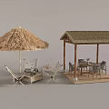 Relaxing Outdoor Patio Setup With Thatched Umbrella Pavilion And Wooden Furniture