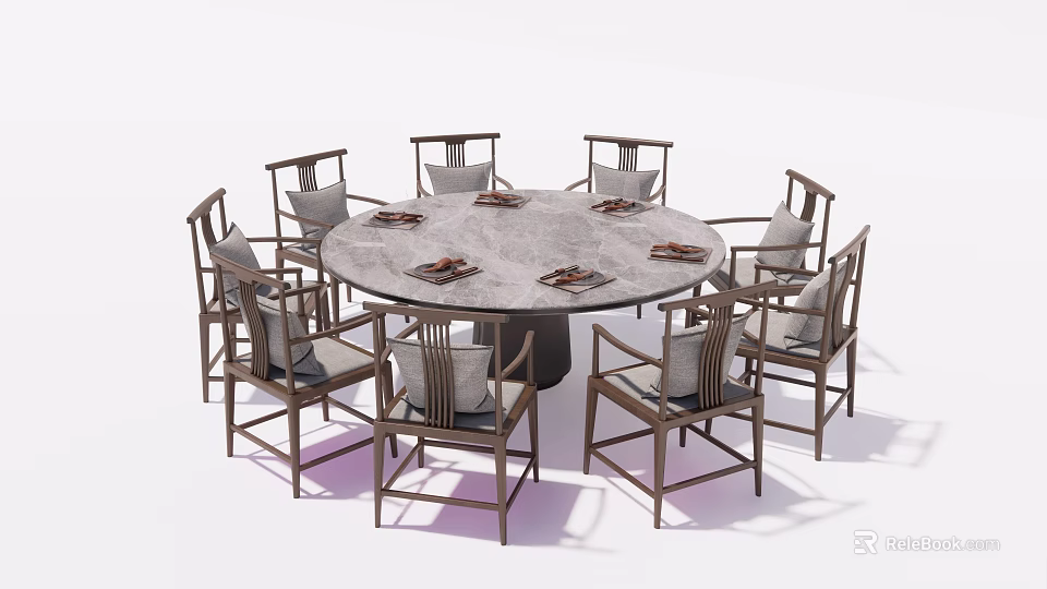 Round Stone Dining Table Set With Eight Upholstered Wooden Chairs 3d model 