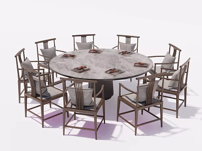Round Stone Dining Table Set With Eight Upholstered Wooden Chairs 3d model