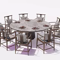 Round Stone Dining Table Set With Eight Upholstered Wooden Chairs 3d model