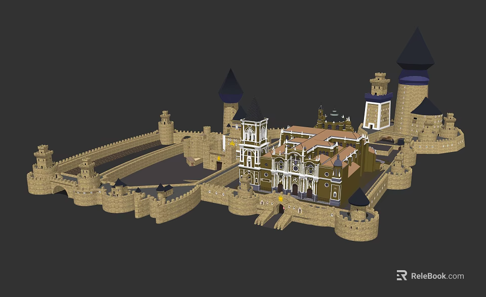 Ancient Castle Architectural Structure With Medieval Towers Stone Walls And Courtyard Design 3d model 
