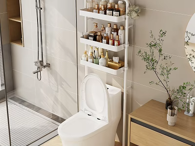 Modern Bathroom Interior With Toilet Multi Tier Shelf Toiletries Wooden Vanity And Green Plant 3d model
