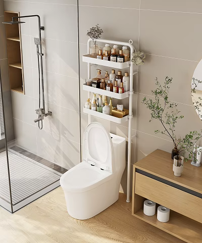 Modern Bathroom Interior With Toilet Multi Tier Shelf Toiletries Wooden Vanity And Green Plant 3d model