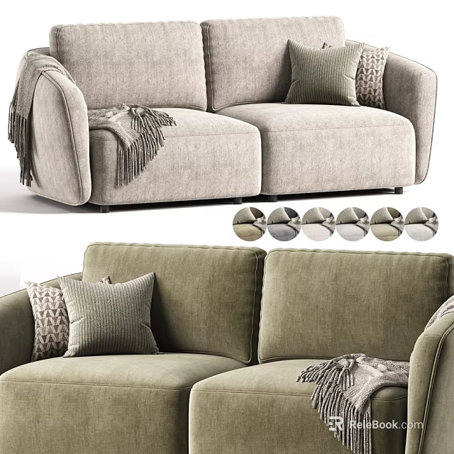 Modern Plush Fabric Double Seater Sofa With Cozy Pillows Tassel Blanket And Custom Color Options 3d model 