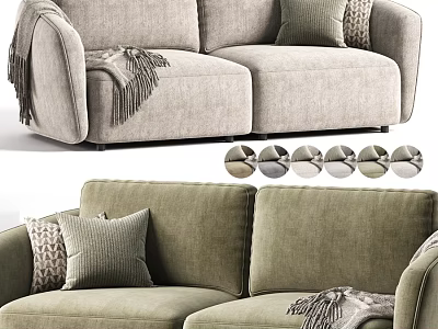 Modern Plush Fabric Double Seater Sofa With Cozy Pillows Tassel Blanket And Custom Color Options 3d model