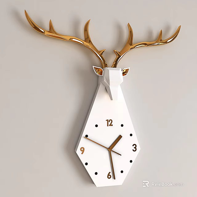 Modern Deer Head Shape Wall Decor With Golden Antlers White Head And Clock 3d model 