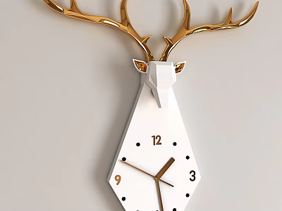 Modern Deer Head Shape Wall Decor With Golden Antlers White Head And Clock 3d model