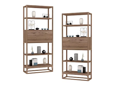 Wooden Display Shelves With Various Decorative Vases And Ornaments 3d model