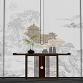Traditional Chinese Console Table With Pavilion Wall Art Green Plant And Decorative Figurines