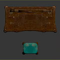 Classic Wooden Vanity Table with Oval Mirror and Carved Details Matching Stool with Teal Cushion