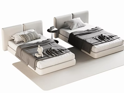 Modern Single Beds Interior Setup With Upholstered Headboards Bedspreads And Pillows 3d model