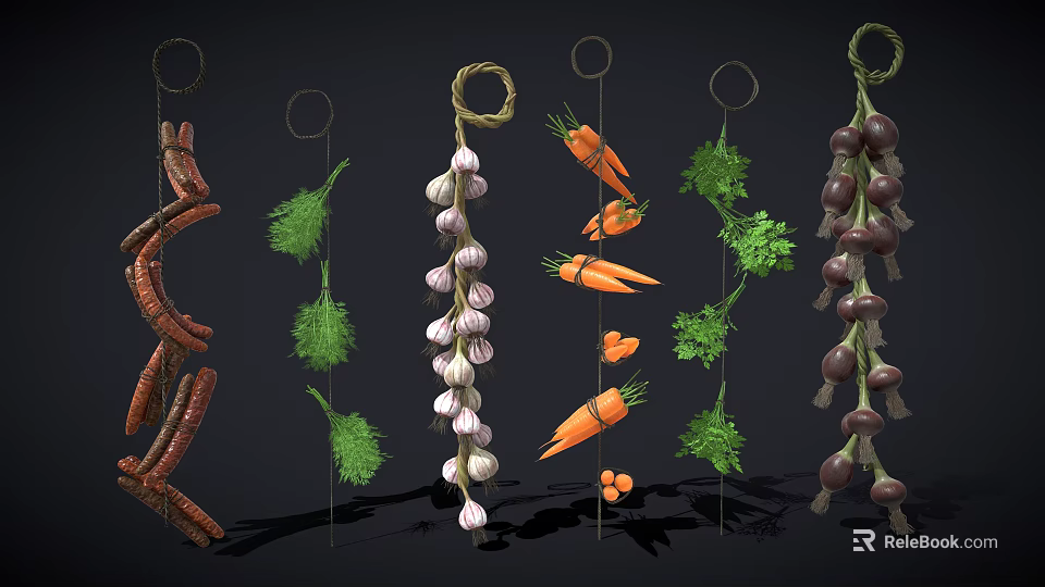 Hanging Fresh Food Ingredients Including Garlic Carrots Onions Herbs And Sausages 3d model 