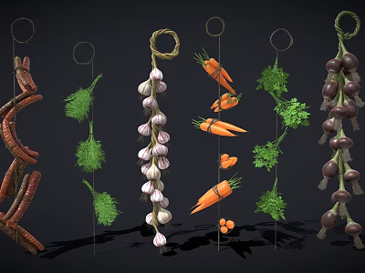 Hanging Fresh Food Ingredients Including Garlic Carrots Onions Herbs And Sausages 3d model