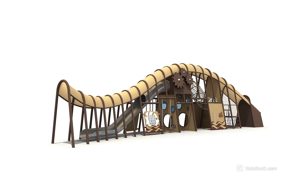 Curved Yellow Brown Playground Slide Structure With Gear Elements And Circular Holes 3d model