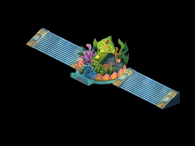 Fantasy Green Creature On Decorative Platform With Colorful Plants Corals And Flowers 3d model