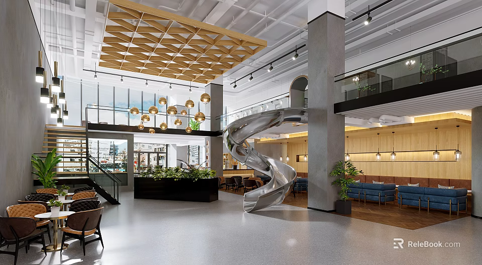 Modern Café Interior With Spiral Slide Wooden Ceiling Large Windows And Green Plants 3d model 