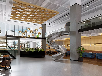 Modern Café Interior With Spiral Slide Wooden Ceiling Large Windows And Green Plants 3d model